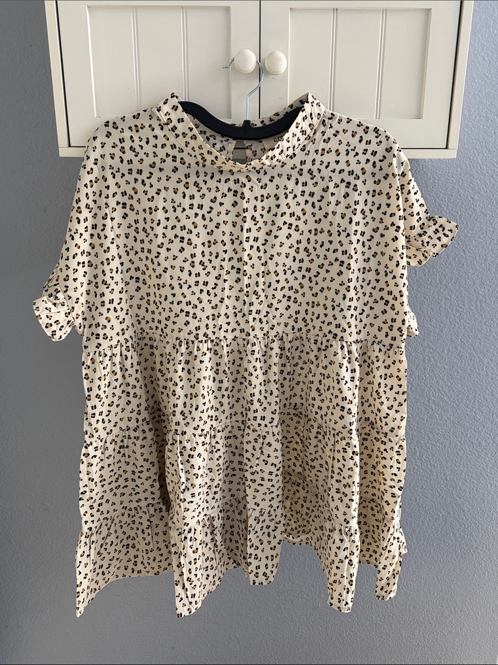 Maternity Cream Tiered Short Sleeve Tunic with Black Dot Print From Pink Blush